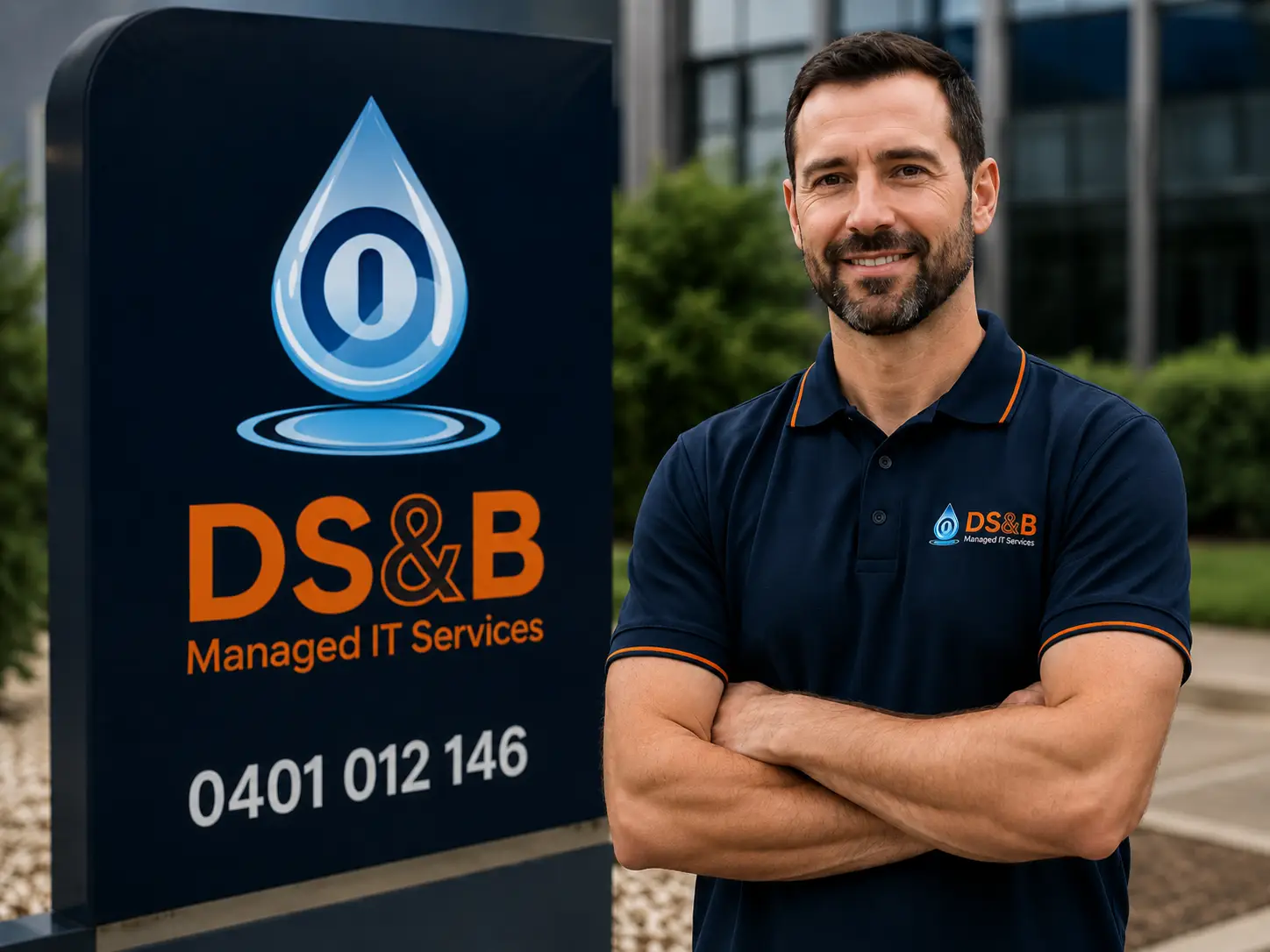 DS&B Managed IT Services representative standing beside the company sign