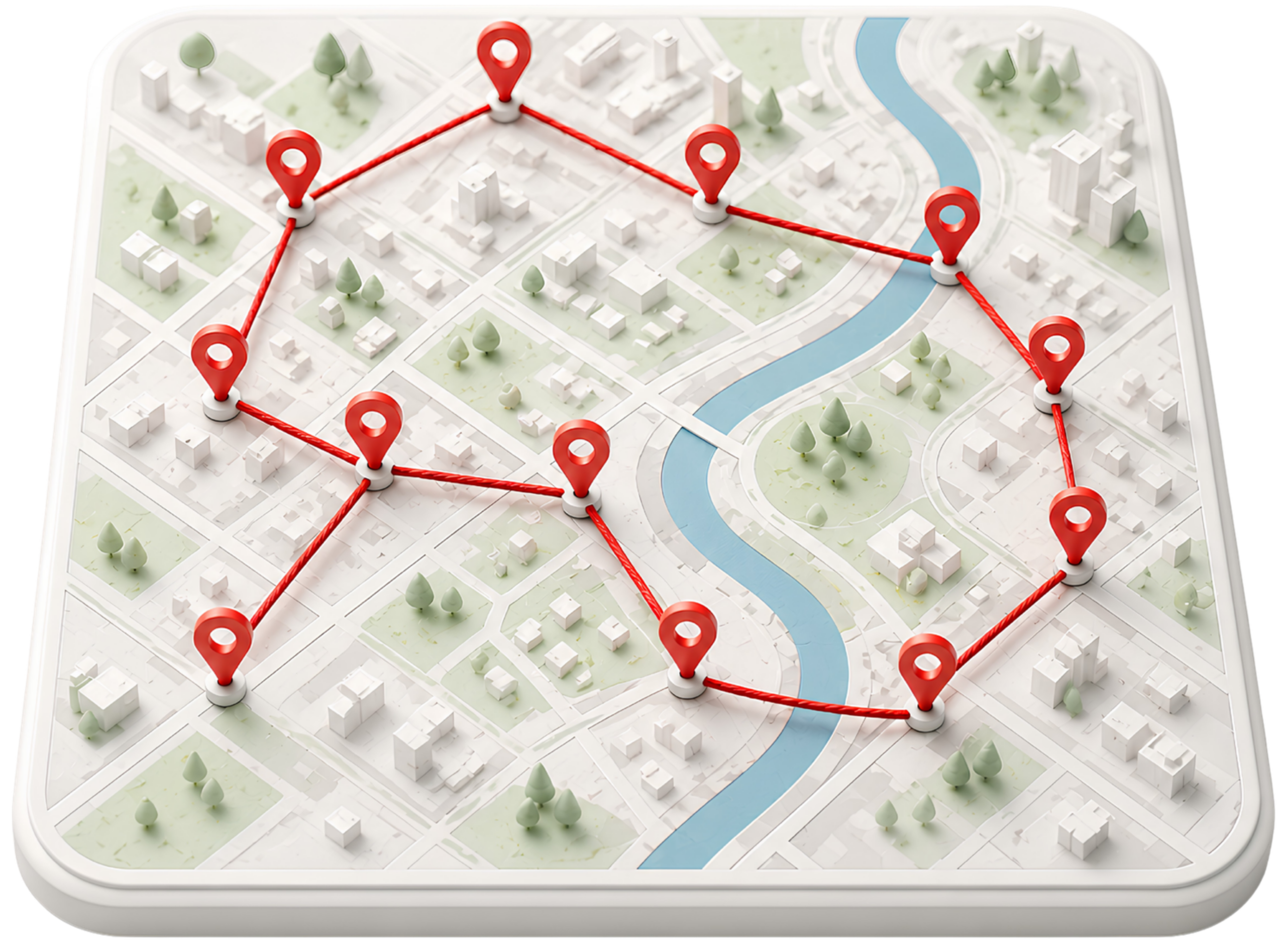 3D isometric miniature city map showing GPS-tracked leaflet delivery route with red pin markers across Logan suburbs
