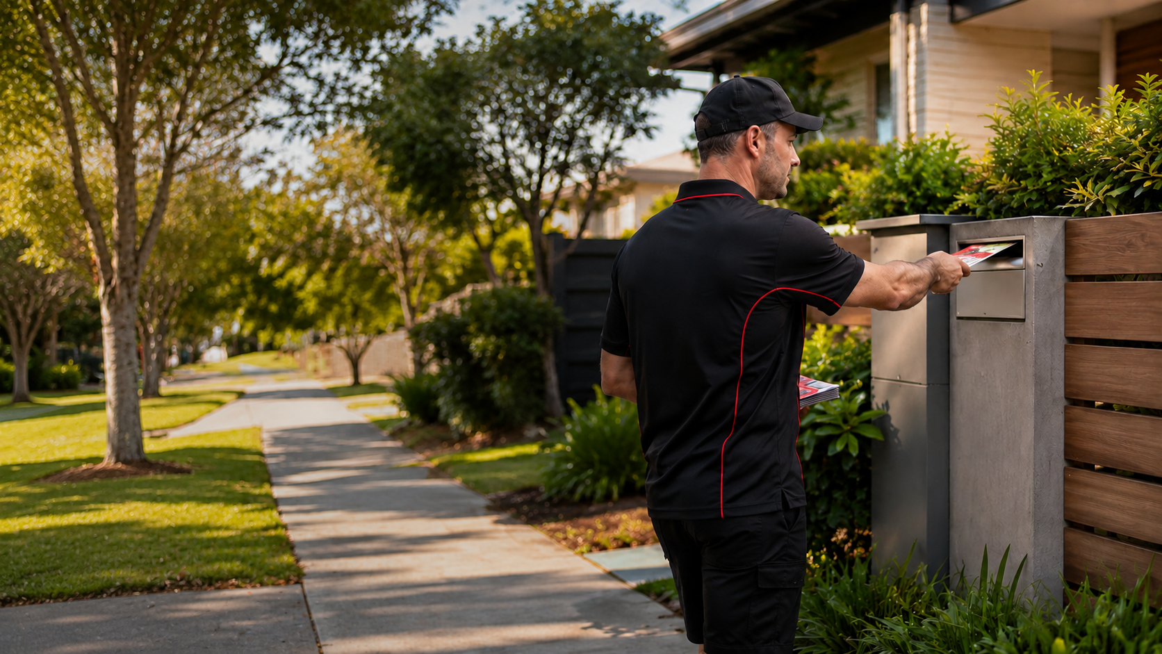 Logan Leaflets delivery worker at suburban letterbox