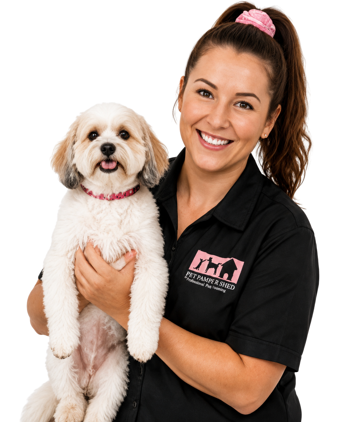 Pet Pamper Shed groomer holding a freshly groomed dog